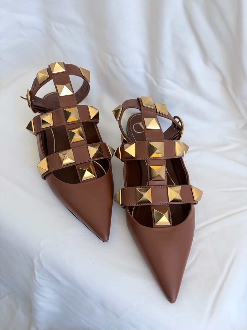 Valentino Garavani Brown Pointed Leather Flats with Gold Pyramid Studs